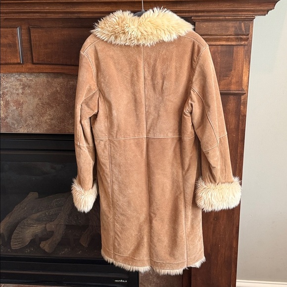 Wilsons Leather tan suede leather faux fur trim midi length Penny Lane jacket L - Picture 11 of 13